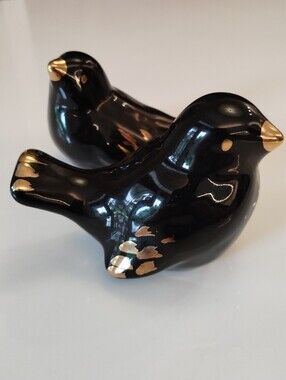 Bird figurines Black and Gold Ceramic - set of 2